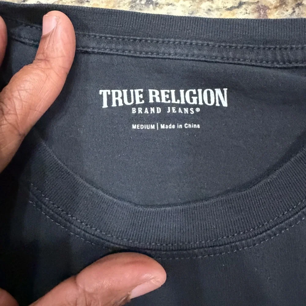 True Religion Mens Black Long Sleeve Multi Logo Graphic T-Shirt Medium